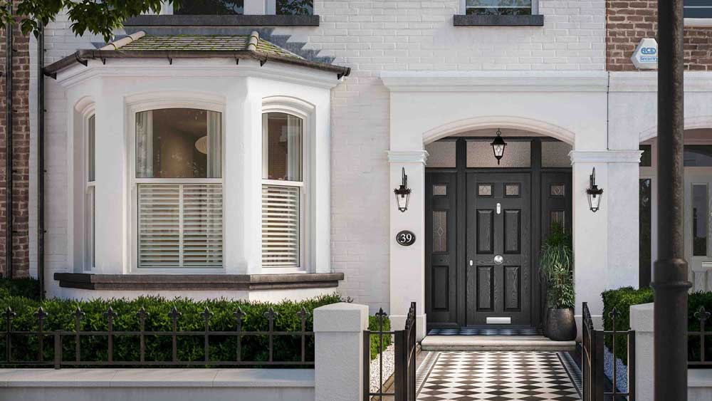 black composite front door with side panels